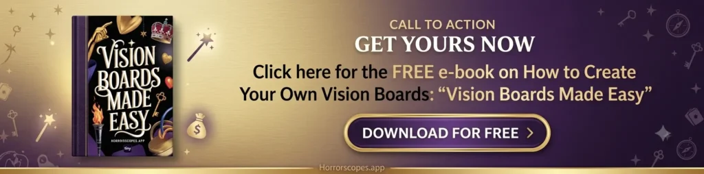 A promotional banner for Horrorscopes.app against a deep navy blue background. On the left, a stack of books with black covers titled 'Vision Boards Made Easy', bound by a purple ribbon and adorned with gold symbols including a hand, key, and crown. To the right, gold and red text reads, 'GET YOUR FREE e-BOOK: How to Create Your Own Vision Boards: "Vision Boards Made Easy"'. Below the text is a burgundy button with the text 'DOWNLOAD NOW'.