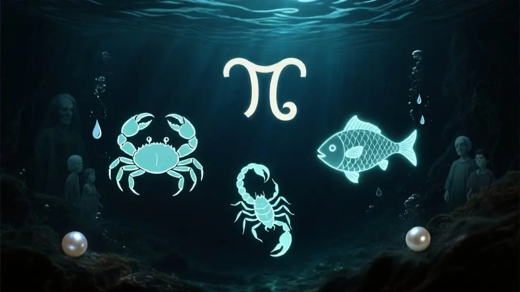 Dark astrology water signs underwater realm showing Cancer, Scorpio, and Pisces symbols swimming through ancestral waters with tears becoming pearls, emotional waves, moonlight through water, and bioluminescent healing representing how water signs experience ancestor communication through feelings and mediumship