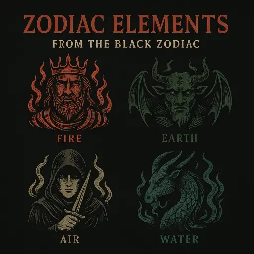 Square artwork featuring four Black style heads: Fire as a crowned ruler in red, Earth as a horned demon in green, Air as a hooded assassin in cream, and Water as a coiled sea goat in teal, all on a black background.